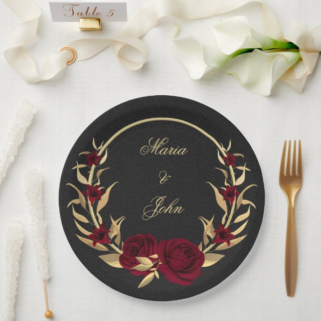 burgundy flowers gold leaves wreath black paper plates (Wedding)