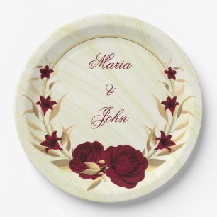 burgundy flowers gold leaves wreath marble paper plates