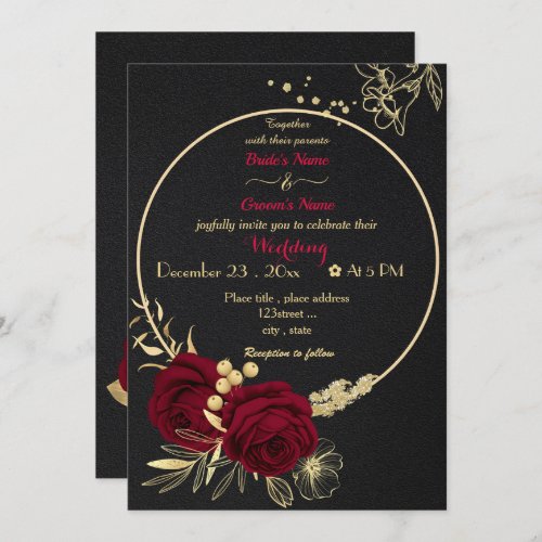 burgundy flowers gold wreath black wedding invitation