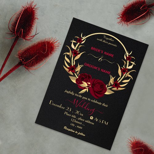 burgundy flowers gold wreath black wedding invitation