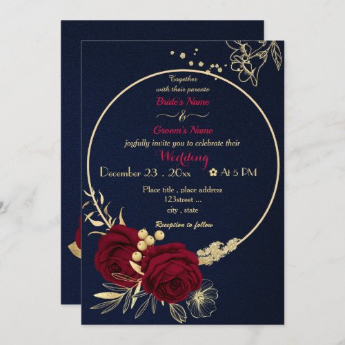 burgundy flowers gold wreath navy wedding invitation