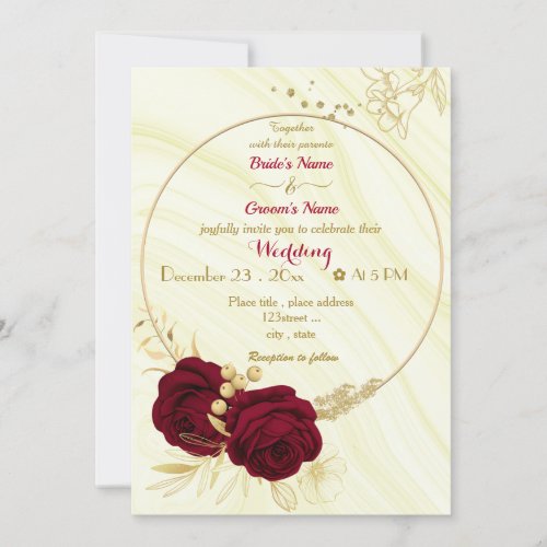 burgundy flowers gold wreath wedding invitation