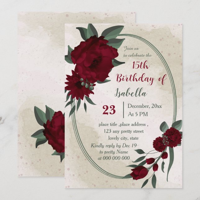 Burgundy flowers greenery geometric birthday  invitation (Front/Back)