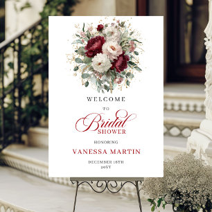 Burgundy Flowers Greenery Gold Bridal Welcome Sign