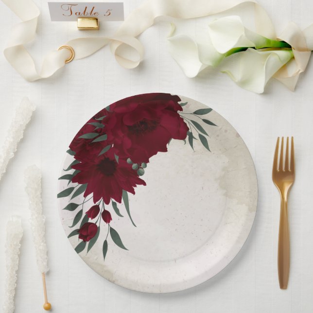 Burgundy flowers greenery paper plates (Wedding)