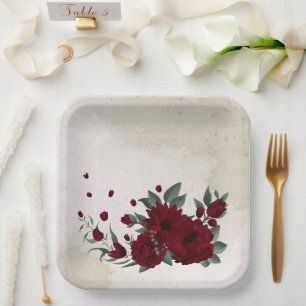 Burgundy flowers greenery paper plates