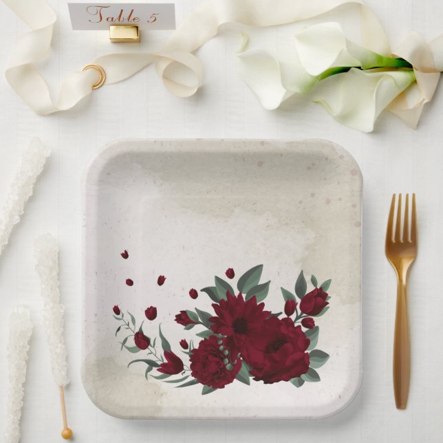 Burgundy flowers greenery paper plates (Wedding)