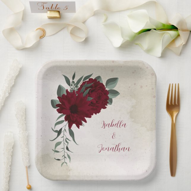Burgundy flowers greenery paper plates (Wedding)