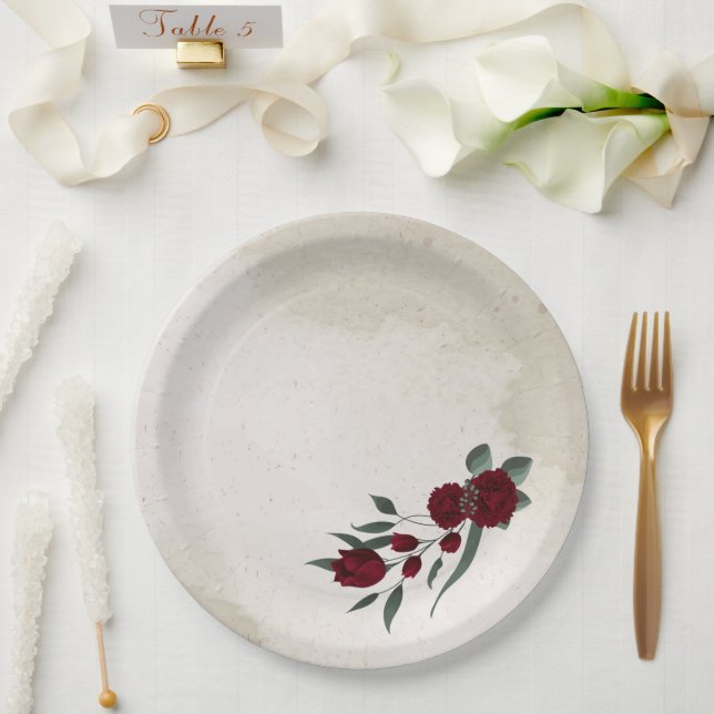 Burgundy flowers greenery paper plates (Wedding)