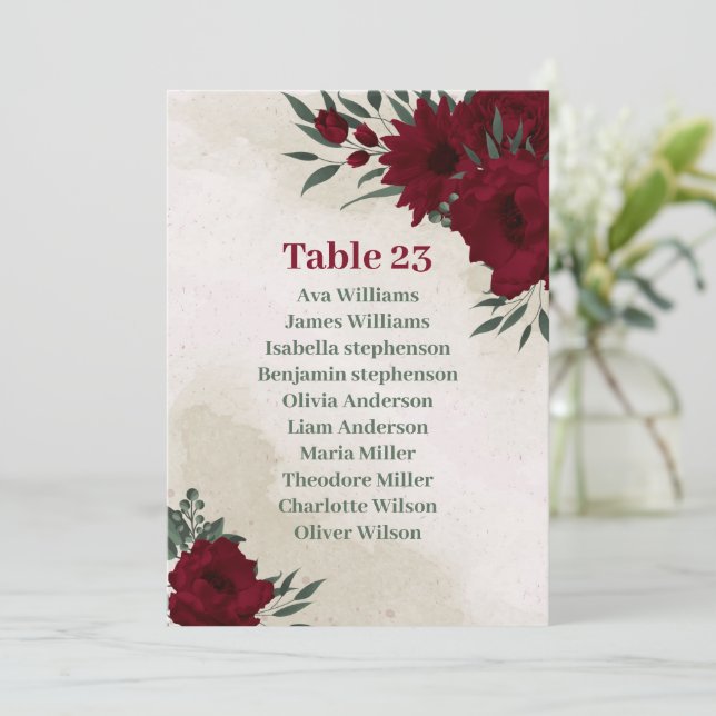 Burgundy flowers greenery seating chart card (Standing Front)