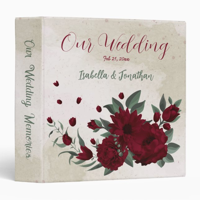 Burgundy flowers greenery wedding album  3 ring binder (Front/Spine)