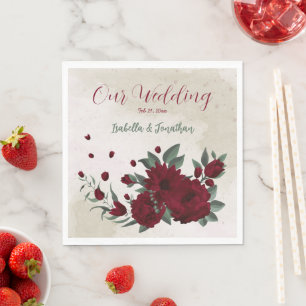 Burgundy flowers greenery wedding napkins