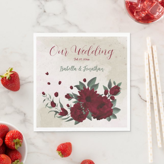 Burgundy flowers greenery wedding napkins (Insitu)