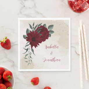 Burgundy flowers greenery wedding napkins