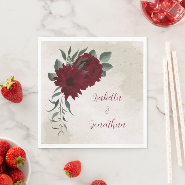 Burgundy flowers greenery wedding napkins (Insitu)