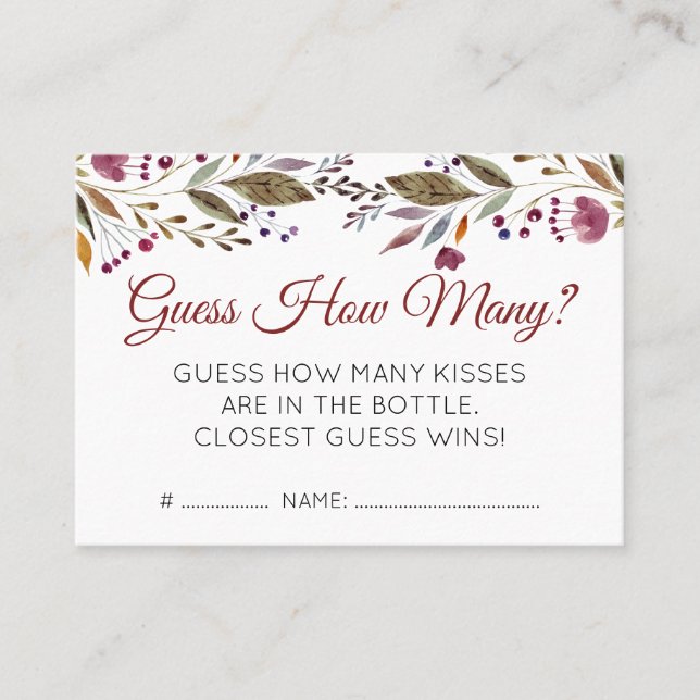 Burgundy Flowers Guess How Many Baby Shower Game Business Card (Front)