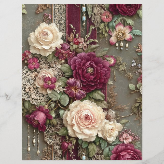 Burgundy Flowers Junk Journal Scrapbook Paper (Front)