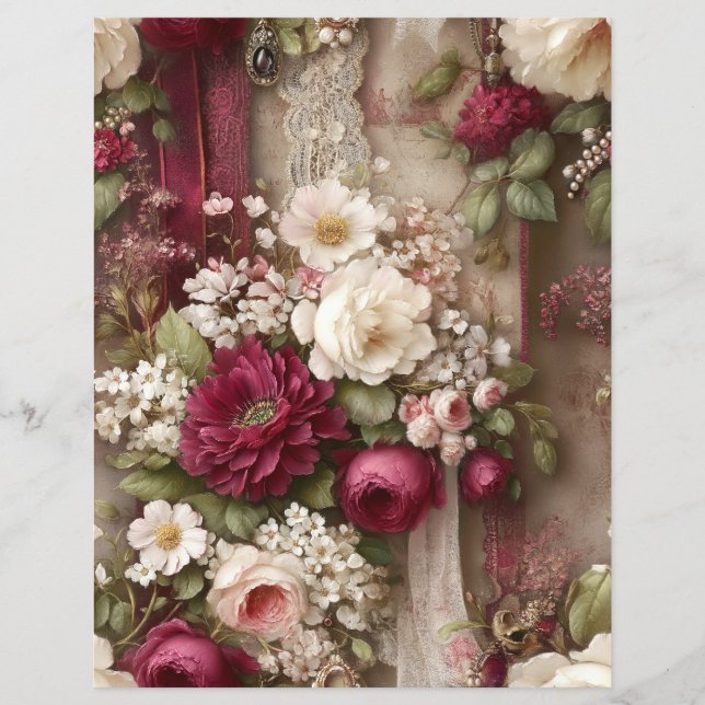 Burgundy Flowers Junk Journal Scrapbook Paper (Front)