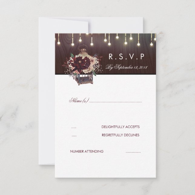 Burgundy Flowers Lanter Rustic Wedding RSVP Card (Front)