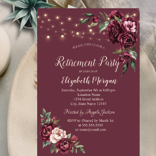 Burgundy Flowers Lights Burgundy Retirement Invitation