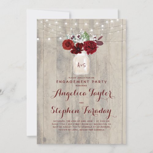 Burgundy Flowers Mason Jar Rustic Engagement Party Invitation