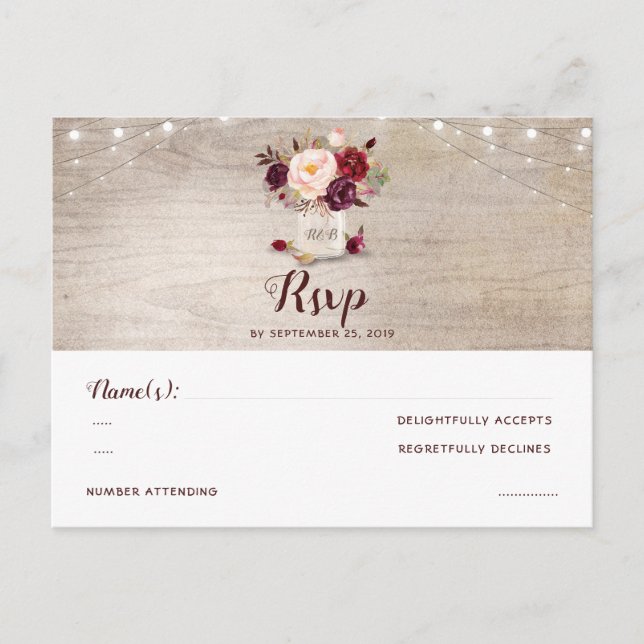 Burgundy Flowers Mason Jar Rustic RSVP Postcard (Front)