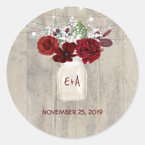 Burgundy Flowers Mason Jar Rustic Wedding Classic Round Sticker