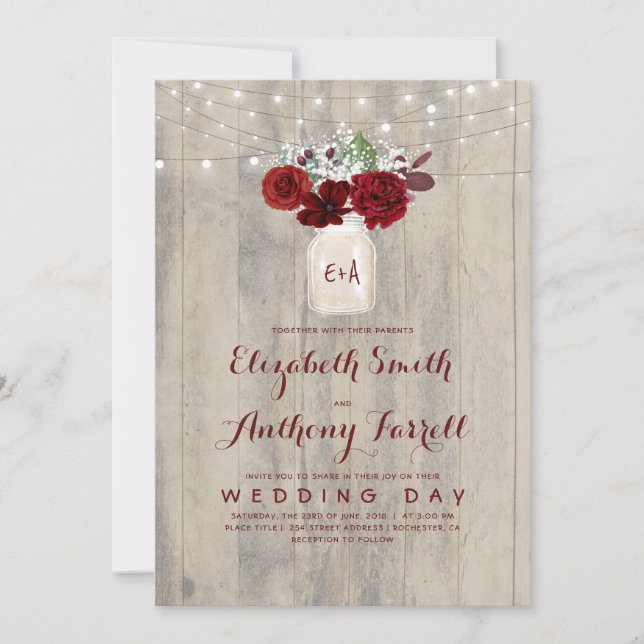 Burgundy Flowers Mason Jar Rustic Wood Wedding Invitation (Front)