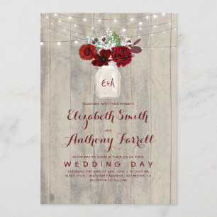 Burgundy Flowers Mason Jar Rustic Wood Wedding Invitation