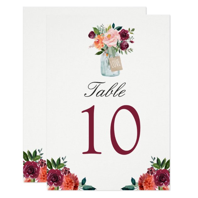 Burgundy Flowers Mason Jar Wedding Table Number