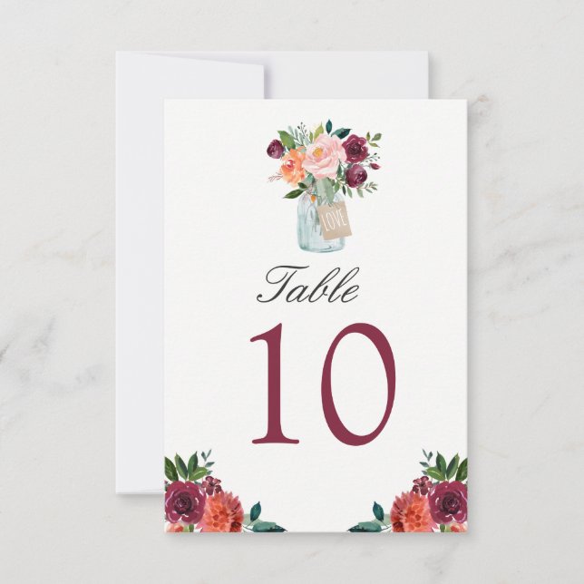 Burgundy Flowers Mason Jar Wedding Table Number (Front)