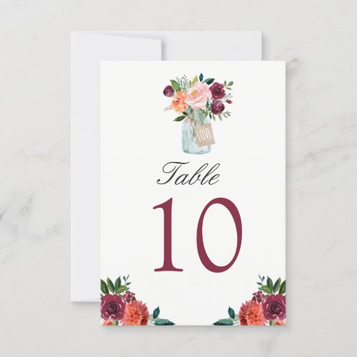 Burgundy Flowers Mason Jar Wedding Table Number