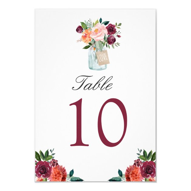 Burgundy Flowers Mason Jar Wedding Table Number