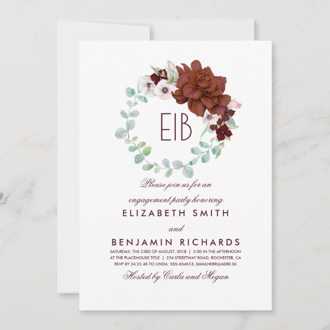 Burgundy Flowers Monogram Elegant Engagement Party Invitation (Front)