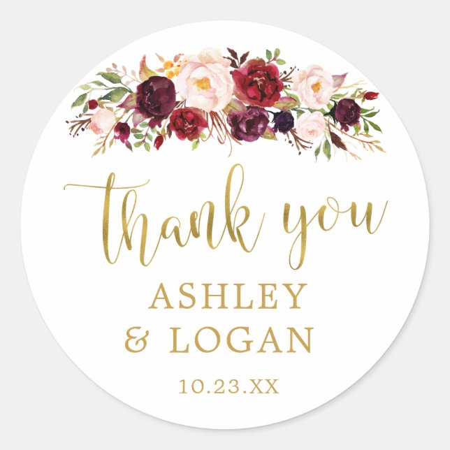 Burgundy Flowers Monogram Wedding Favor Sticker (Front)