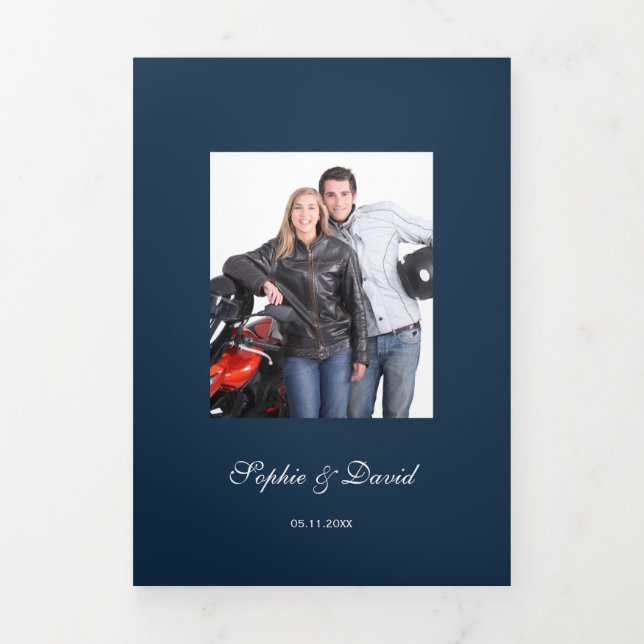 Burgundy Flowers Navy Blue Photo Wedding Tri-Fold Program (Cover)