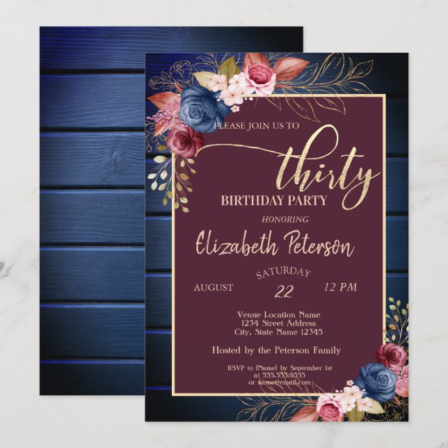 Burgundy Flowers Navy Blue Wood 30th Birthday  Invitation (Front/Back)