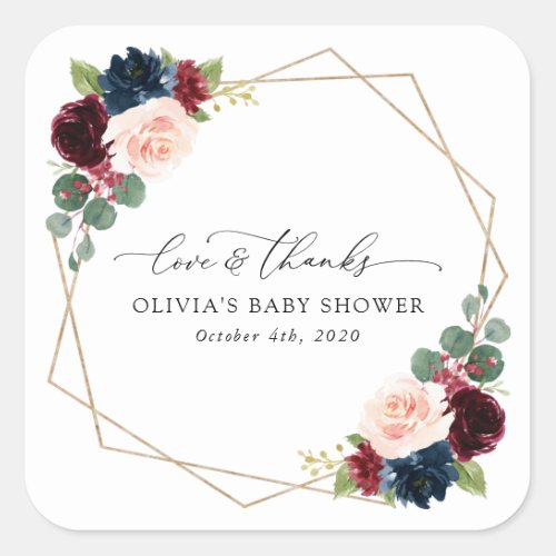 Burgundy Flowers Navy Flowers Baby Shower Square Sticker