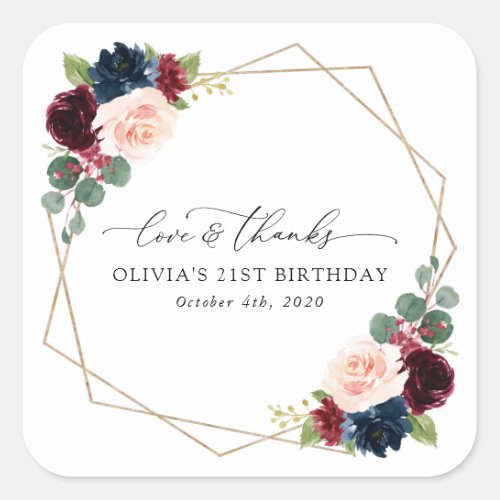 Burgundy Flowers Navy Flowers Boho Birthday Square Sticker