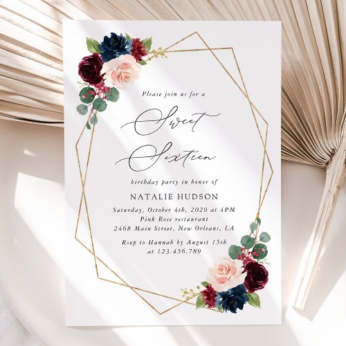 Burgundy Flowers Navy Flowers Boho Sweet 16 Invitation