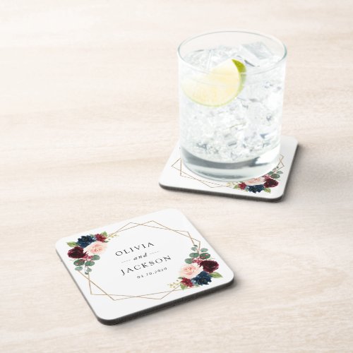 Burgundy Flowers Navy Flowers Floral Wedding Beverage Coaster