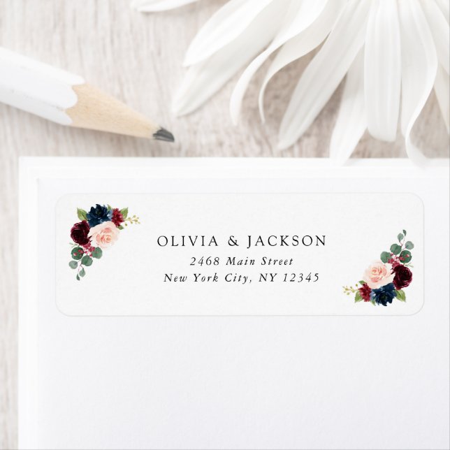 Burgundy Flowers, Navy Flowers, Floral Wedding Label (Insitu)