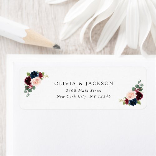 Burgundy Flowers Navy Flowers Floral Wedding Label