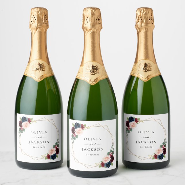 Burgundy Flowers, Navy Flowers, Floral Wedding Sparkling Wine Label (Bottles)