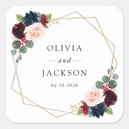 Burgundy Flowers Navy Flowers Floral Wedding Square Sticker