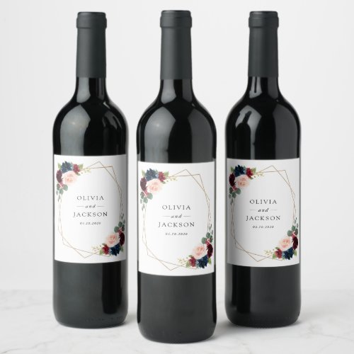 Burgundy Flowers Navy Flowers Floral Wedding Wine Label