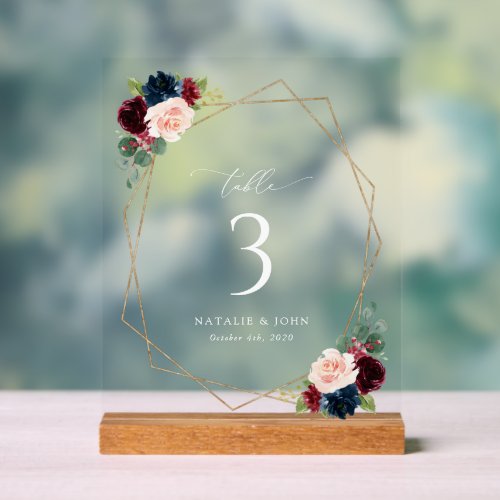 Burgundy Flowers Navy Flowers Table Numbers Acrylic Sign