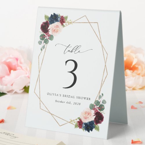 Burgundy Flowers Navy Flowers Table Numbers Table Tent Sign