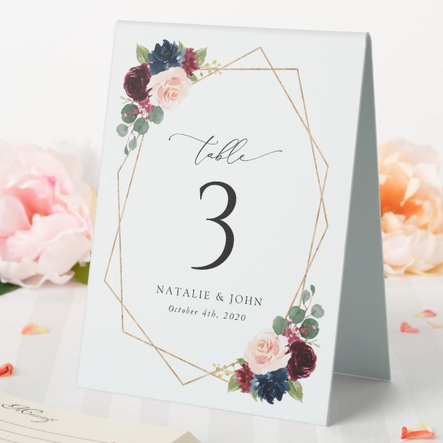 Burgundy Flowers, Navy Flowers, Table Numbers Tent (In SItu (Wedding))