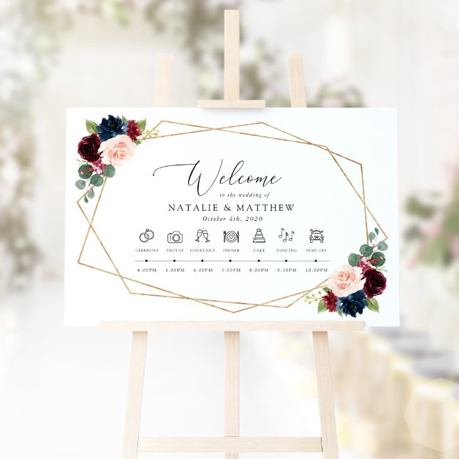 Burgundy Flowers, Navy Flowers, Wedding Timeline Sign (Creator Uploaded)